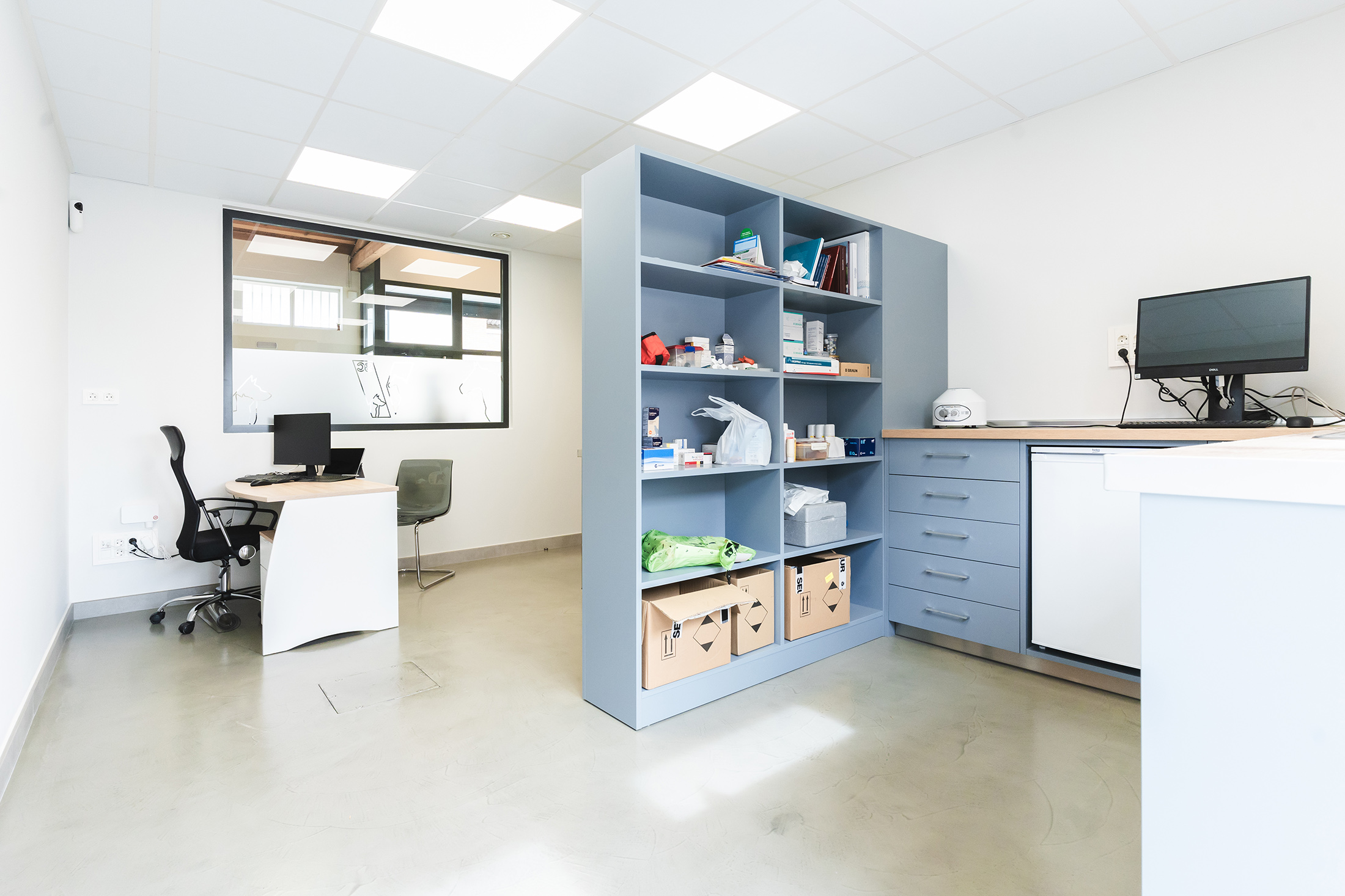 Despacho de consulta veterinaria con escritorio, estanterías y luz natural